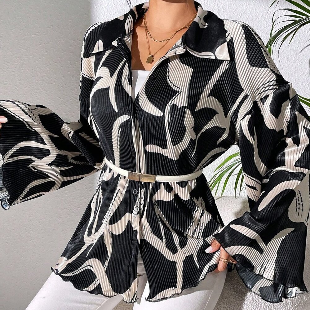 Black Casual Women's Spring Random Print Bell Sleeve Shirt